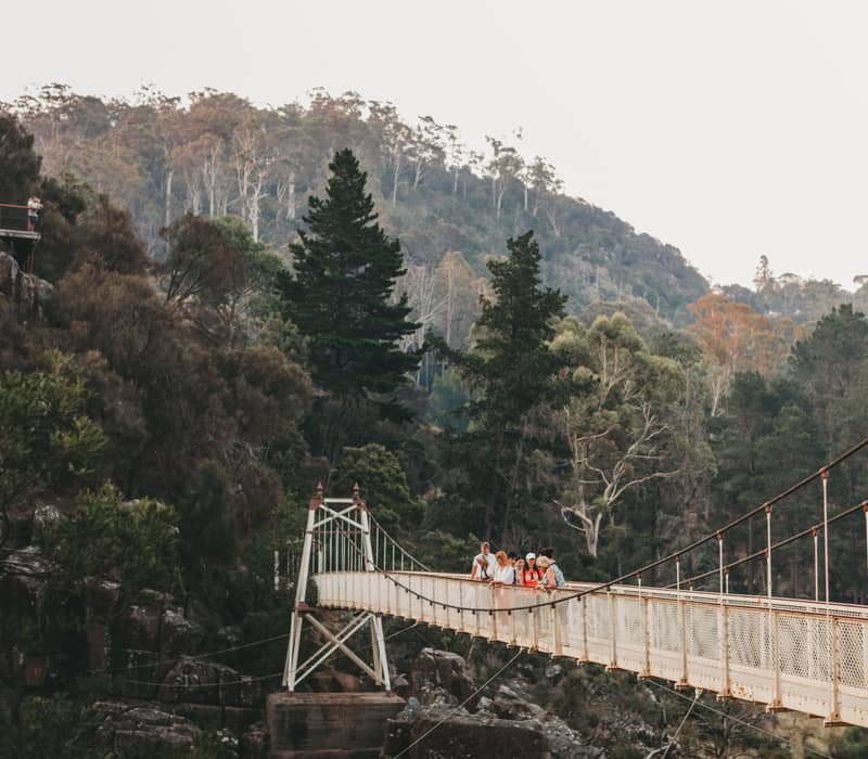 Wide landscape view of the Alexandra Suspension Bridge at Cataract Gorge, reflected perfectly in the still, misty waters of the South Esk River.
