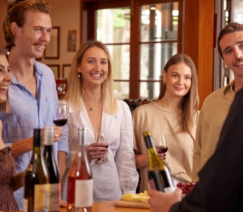 Group of five people smiling and holding wine glasses during a wine tasting at a winery.